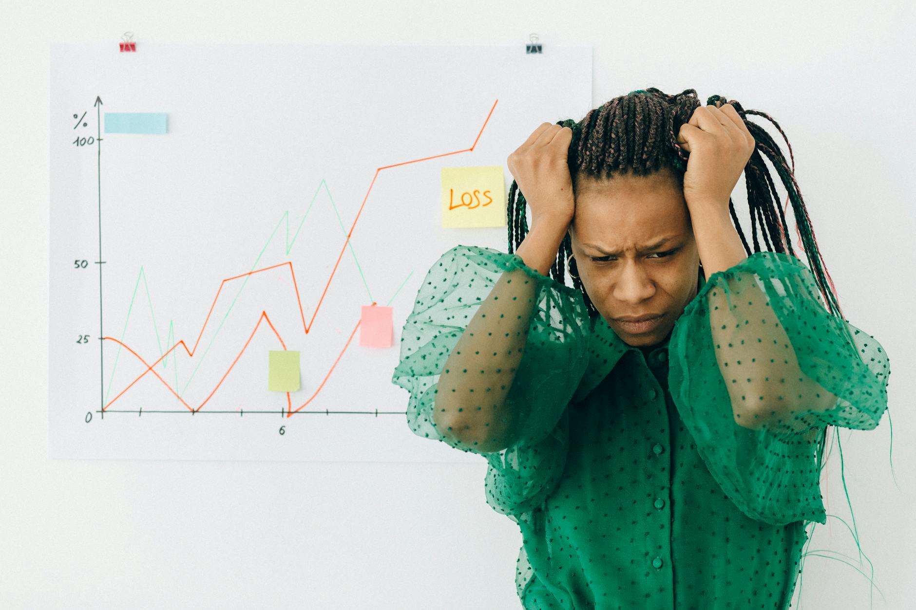 Frustrated businesswoman in green blouse analyzing a graph showing financial loss.